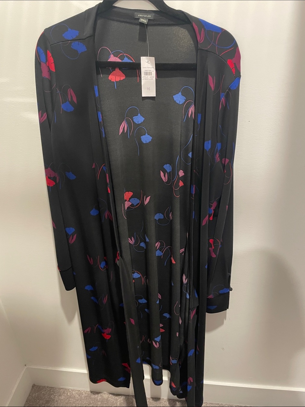 Ann Taylor Black Long-Sleeve Floral Wrap Dress with Blue & Pink Accents